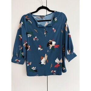 The Limited Floral Print Teal Blue 3/4 Sleeve Button Neck‎ Blouse Size PM